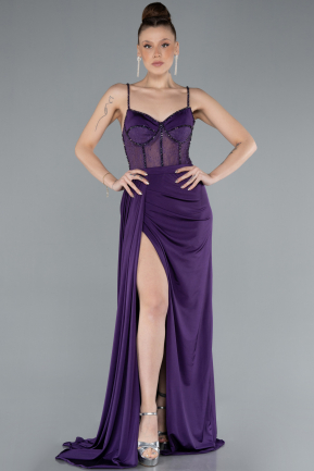 Purple Transparent Slit Long Evening Gown ABU4677