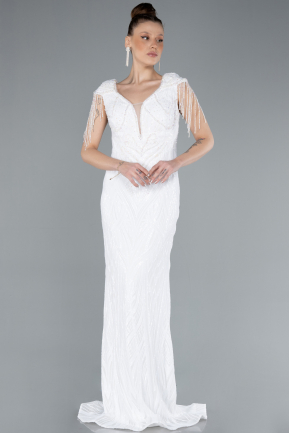 White Beaded Detailed V Neck Evening Gown ABU3730