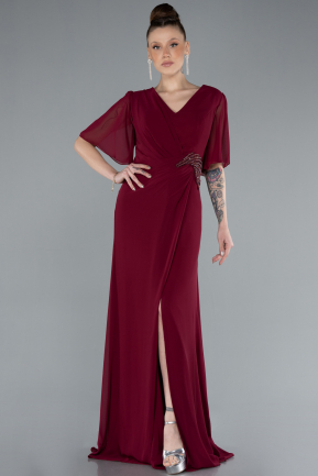 Burgundy Short Sleeve Slit Long Chiffon Plus Size Evening Dress ABU4678