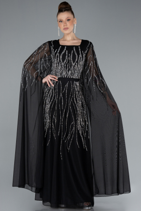 Black Long Shawl Sleeve Stoned Plus Size Evening Dress ABU4679