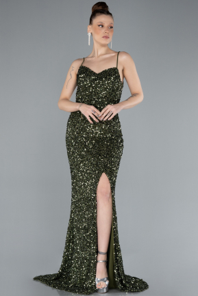 Olive Drab Strappy Sequin Slit Evening Gown ABU4681