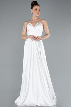 White Strappy Long Satin Prom Gown ABU3610