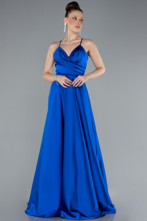 Sax Blue Strappy Long Satin Prom Gown ABU3610