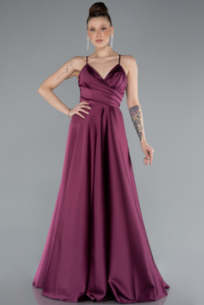 Cherry Colored Strappy Long Satin Prom Gown ABU3610