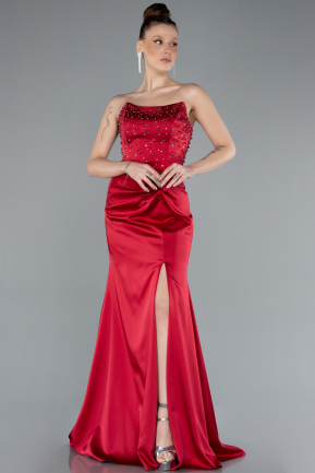 Burgundy Strapless Long Satin Mermaid Prom Dress ABU4683