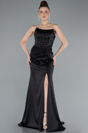 Black Strapless Long Satin Mermaid Prom Dress ABU4683