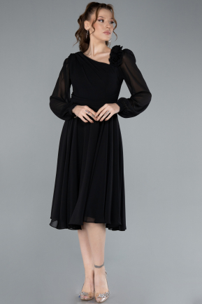 Black Long Sleeve Midi Chiffon Cocktail Dress ABK2268