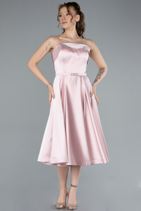 Powder Color Strapless Belted Midi Satin Party Dress ABK2269