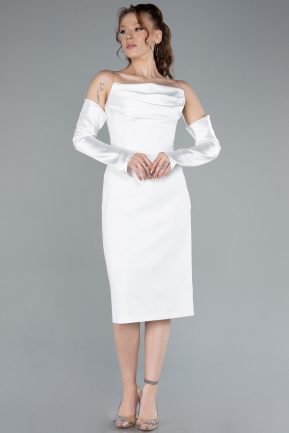 White Strapless Sleeve Accessory Midi Party Dress ABK2273