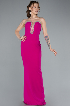 Fuchsia Stoned Strapless Neck Long Mermaid Evening Gown ABU4687