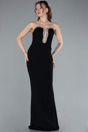 Black Stoned Strapless Neck Long Mermaid Evening Gown ABU4687