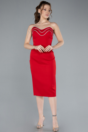 Red Strapless Midi Cocktail Dress ABK2262