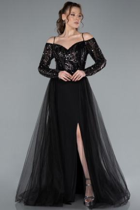 Black Sequined Long Sleeve Trained Mermaid Evening Gown ABU4501