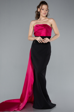 Fuchsia-Black Strapless Satin Train Evening Gown ABU4690