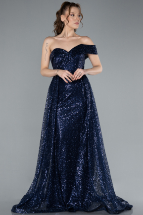 Navy Blue One Shoulder Taıled Sequined Long Evening Gown ABU4691