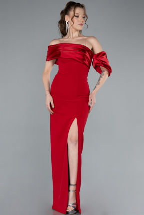 Red Off Shoulder Satin Drape Slit Evening Gown ABU4024