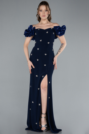 Navy Blue Boat Neck Slit Stone Long Evening Gown ABU4696