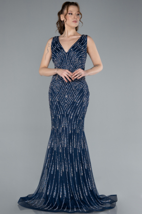 Navy Blue Sleeveless V Neck Long Stone Mermaid Evening Gown ABU4698