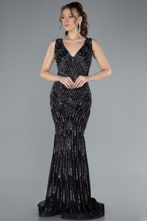 Black Sleeveless V Neck Long Stone Mermaid Evening Gown ABU4698