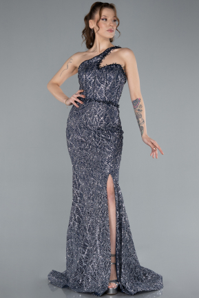 Navy Blue One Shoulder Slit Long Glitter Mermaid Evening Gown ABU4697