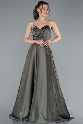 Olive Drab Low Cut Back Long Satin Prom Dress ABU4702