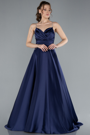 Navy Blue Low Cut Back Long Satin Prom Dress ABU4702