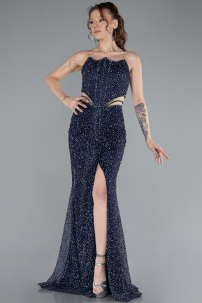 Navy Blue Strapless Slit Long Stone Special Design Evening Gown ABU4704