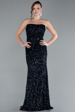 Navy Blue Strapless Long Sequin Mermaid Evening Dress ABU4726