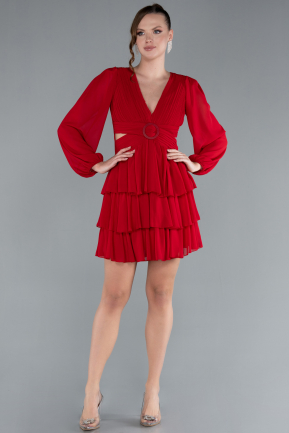 Red Long Sleeve V Neck Chiffon Short Cocktail Dress ABK2281