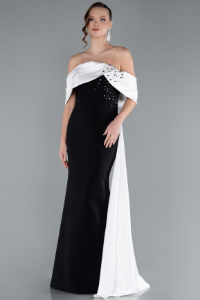 Black-White Satin Stone Boat Neck Tail Long Evening Gown ABU4728