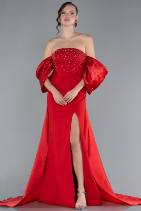 Red Stoned Strapless Slit Tail Long Evening Gown ABU4736