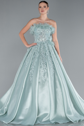 Mint Feathered Strapless Embroidered Long Princess Prom Dress ABU4738