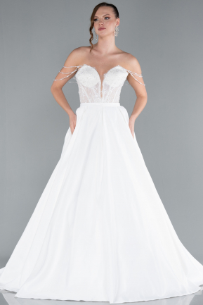Long White Satin Wedding Dress ABG097