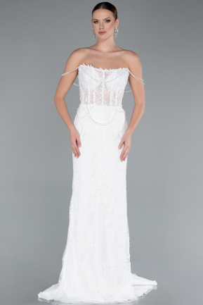 White Beaded Long Fish Model Wedding Dress ABG035