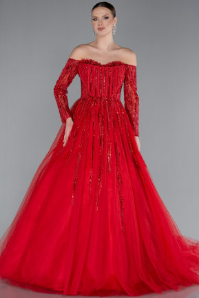 Red Sequined Long Sleeve Boat Neck Long Princess Dress ABU6144