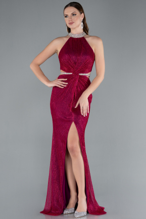 Fuchsia Halter Neck Slit Long Glitter Mermaid Evening Gown ABU4766