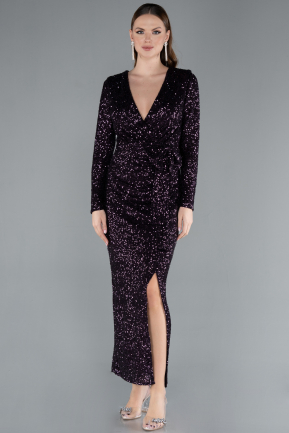 Dark Purple Long Sleeve Neck Sequin Midi Cocktail Dress ABK2284