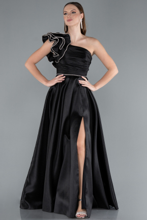 Black One Shoulder High Slit Long Taffeta Prom Evening Dress ABU4782