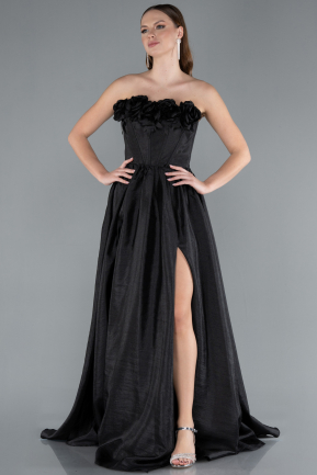 Black Floral Strapless Collar Slit Long Prom Gown ABU4337