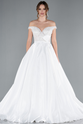 White Pearled Boat Neck Long Satin Wedding Dress ABG091