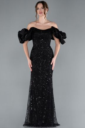 Black Stoned Strapless Sleeve Accessories Long Mermaid Evening Gown ABU4509