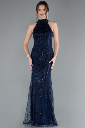 Navy Blue Halter Neck Beaded Long Mermaid Evening Gown ABU4777