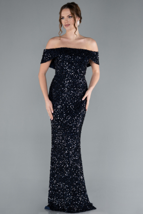 Navy Blue Off The Shoulder Long Sequin Mermaid Prom Dress ABU4778