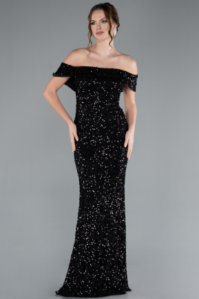 Black Off The Shoulder Long Sequin Mermaid Prom Dress ABU4778