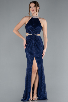 Navy Blue Halter Neck Slit Long Glitter Mermaid Evening Gown ABU4766