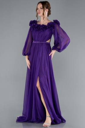 Purple Floral Boat Neck Long Sleeve Chiffon Prom Gown ABU4130