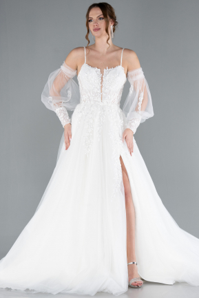 White Slit Laced Sleeve Accessories Long Wedding Dress ABG114