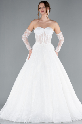 White Strapless Neckline Long Sleeve Lace Ball Gown Wedding Dress ABG038