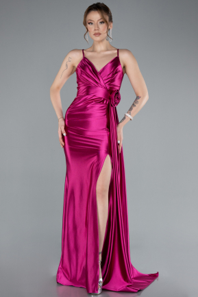 Fuchsia Back And Leg Cleavage Long Satin Prom Gown ABU4814
