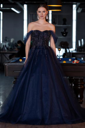 Navy Blue Off The Shoulder Stoned Ball Gown Prom Dress ABU4762